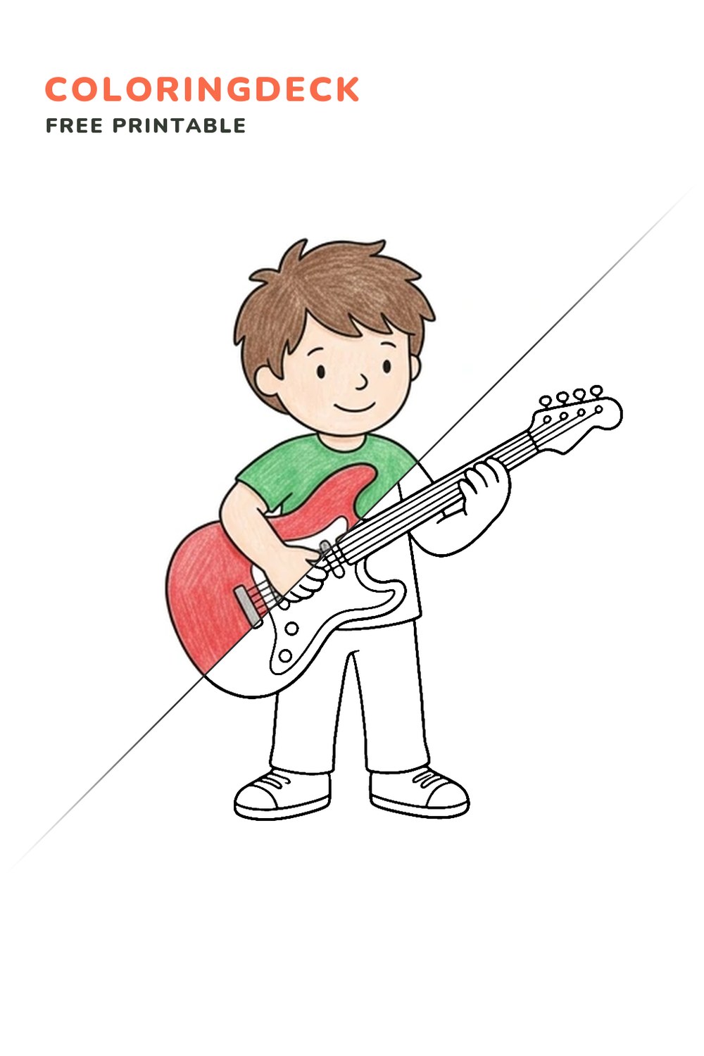 Guitar Player Strum coloring page, free printable: half colored, half outline