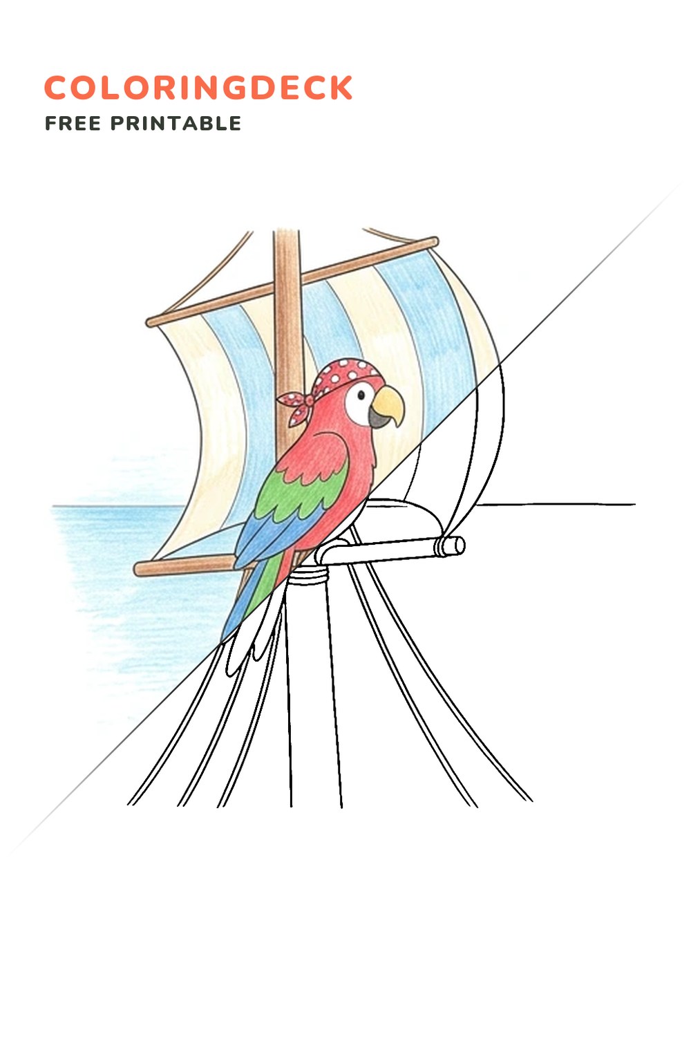 Pirate Parrot Mast coloring page, free printable: half colored, half outline