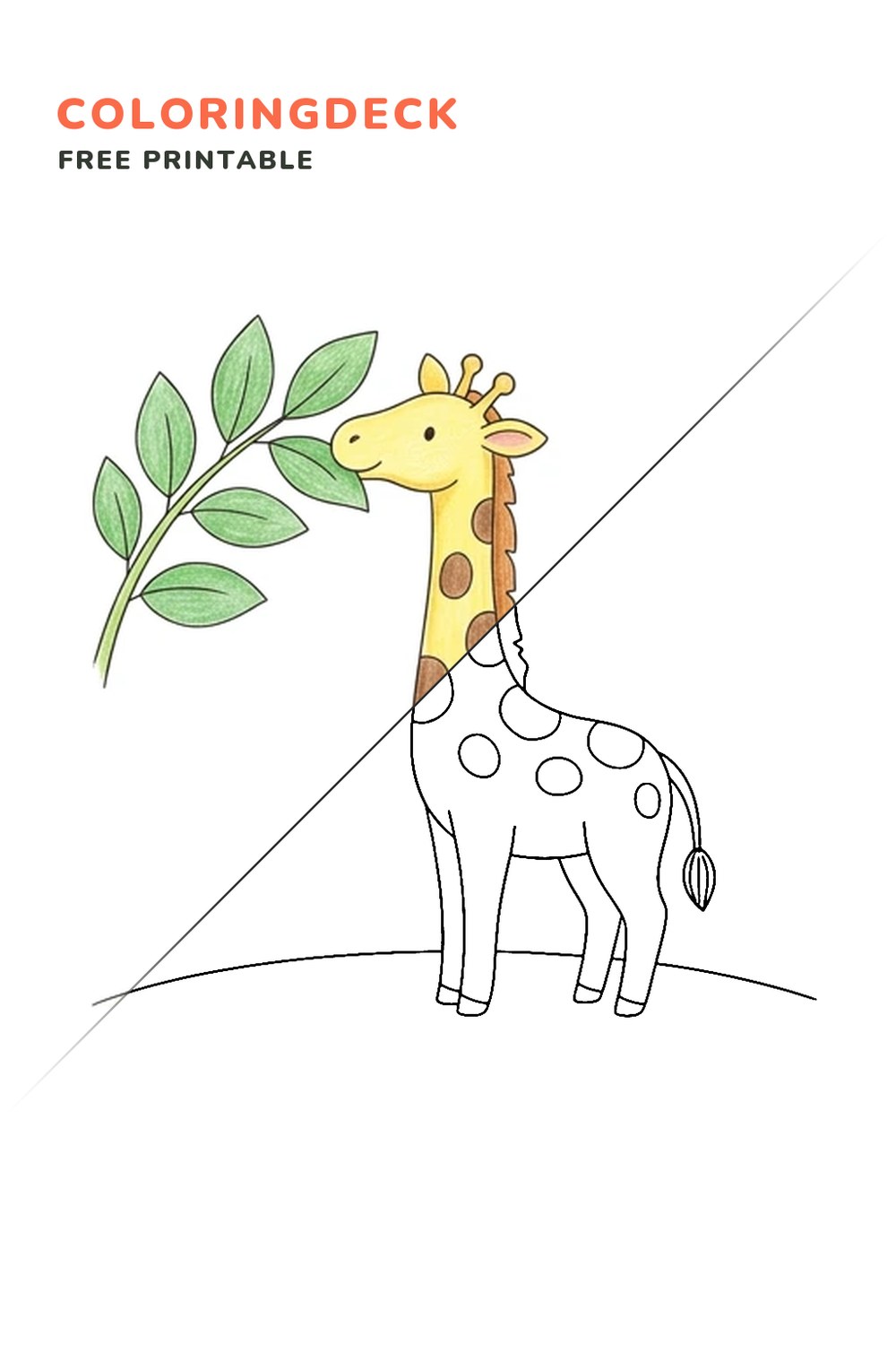 Giraffe Leaf Reach coloring page, free printable: half colored, half outline