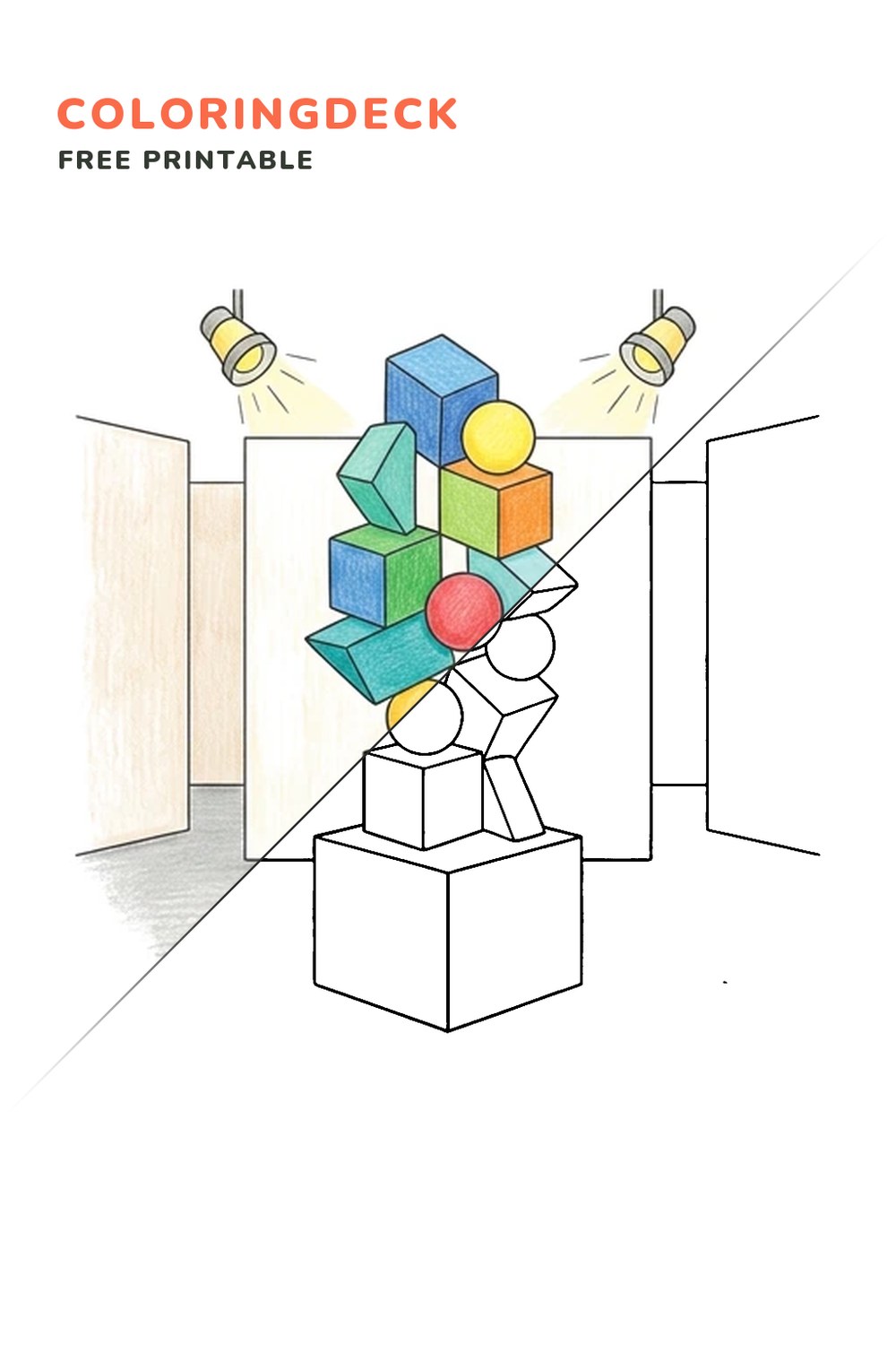 Geometric Sculpture Hall coloring page, free printable: half colored, half outline