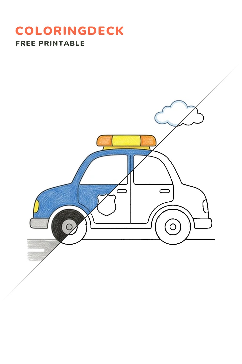 Police Car Patrol coloring page, free printable: half colored, half outline