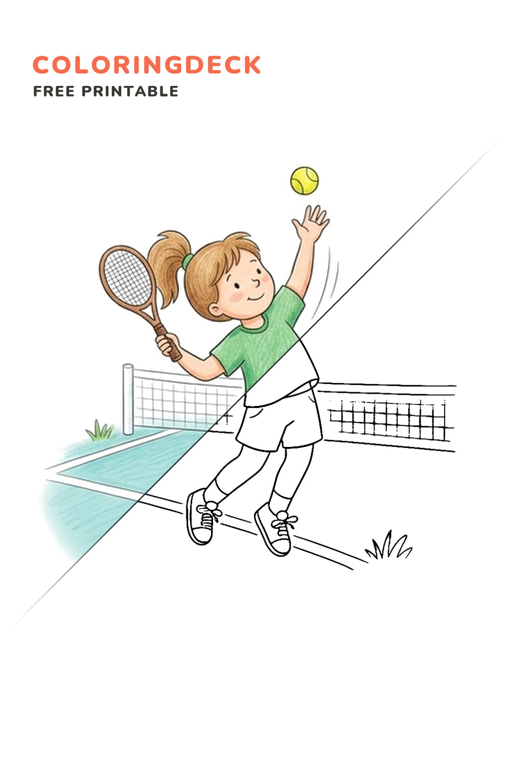 Tennis Serve coloring page, free printable: half colored, half outline