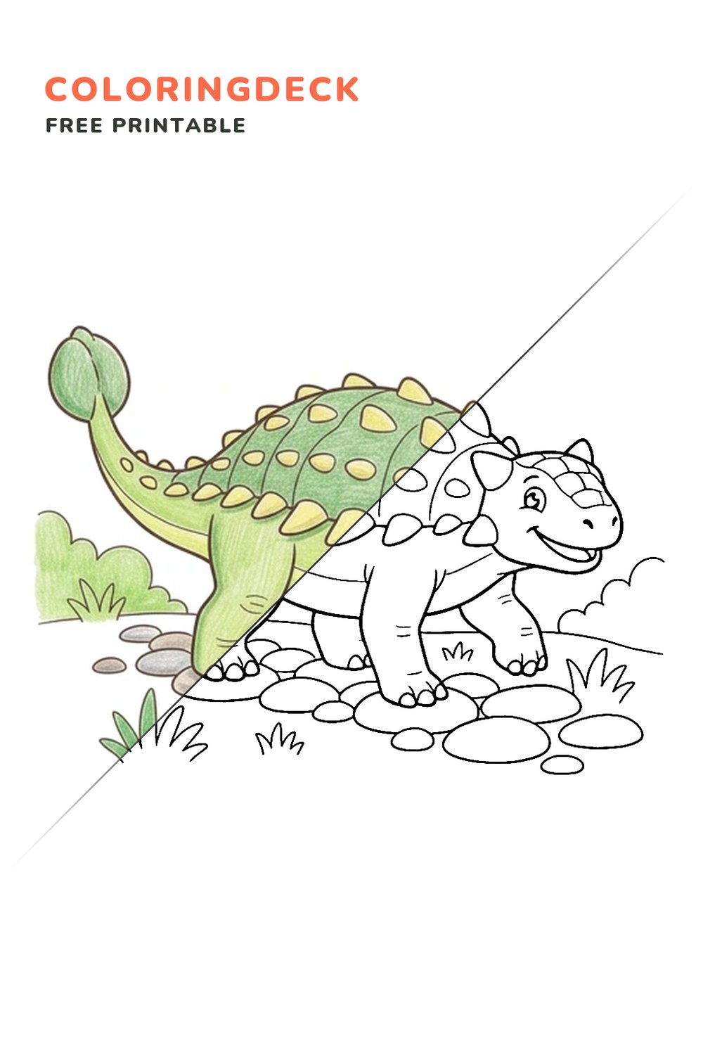 Ankylosaurus Pebble Path coloring page, free printable: half colored, half outline