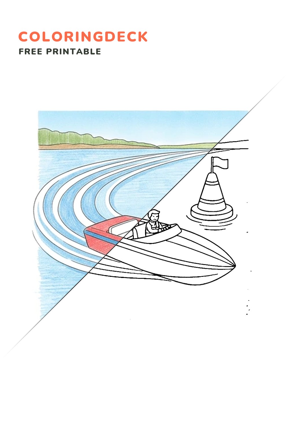 Speedboat Buoy Race coloring page, free printable: half colored, half outline