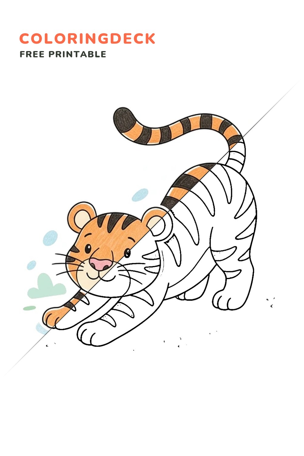 Tiger Stretching Tall coloring page, free printable: half colored, half outline