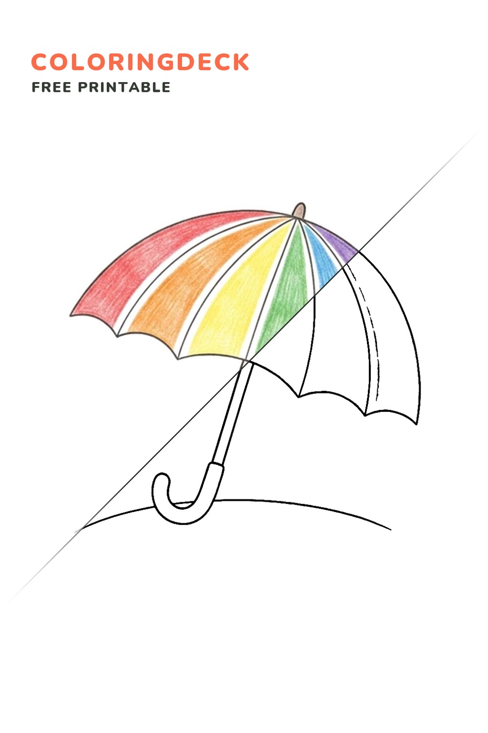 Rainbow Umbrella coloring page, free printable: half colored, half outline