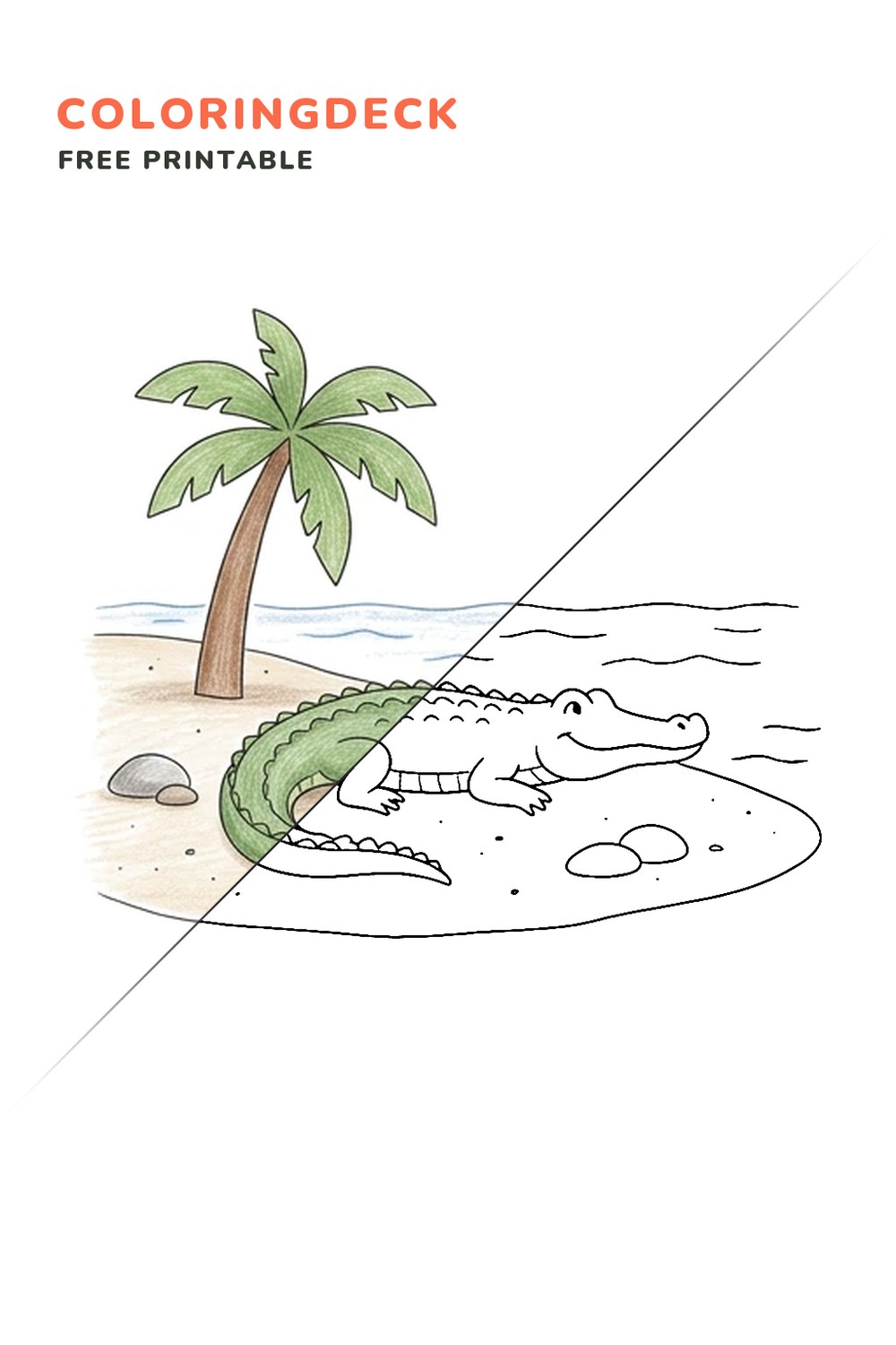 Crocodile Sandbar Rest coloring page, free printable: half colored, half outline