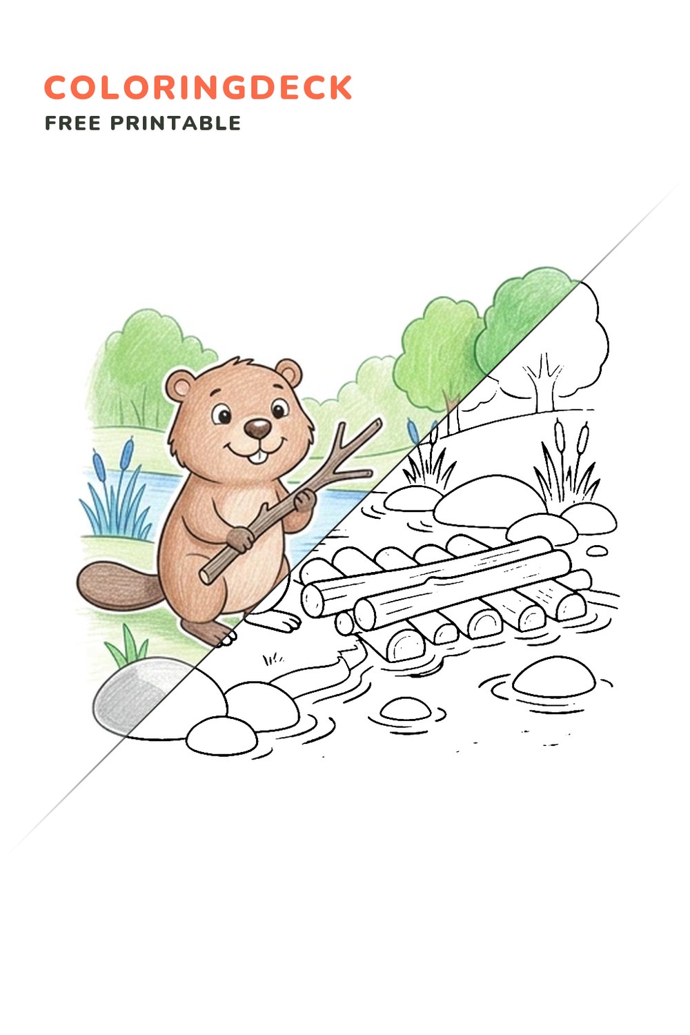 Beaver Dam Builder coloring page, free printable: half colored, half outline