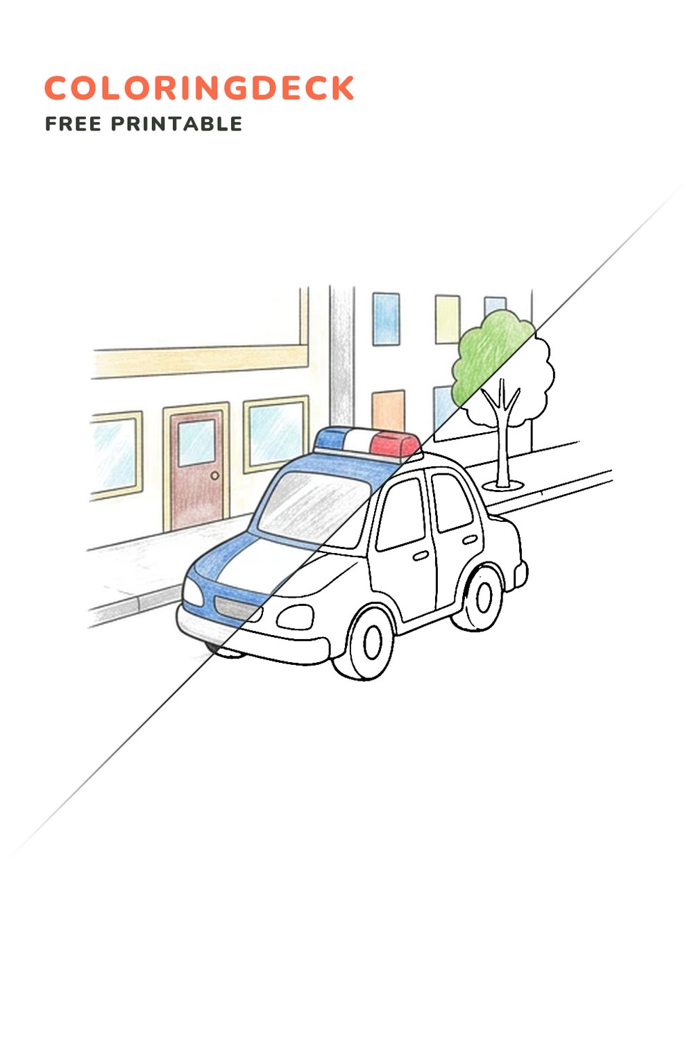 Police Car City Patrol coloring page, free printable: half colored, half outline
