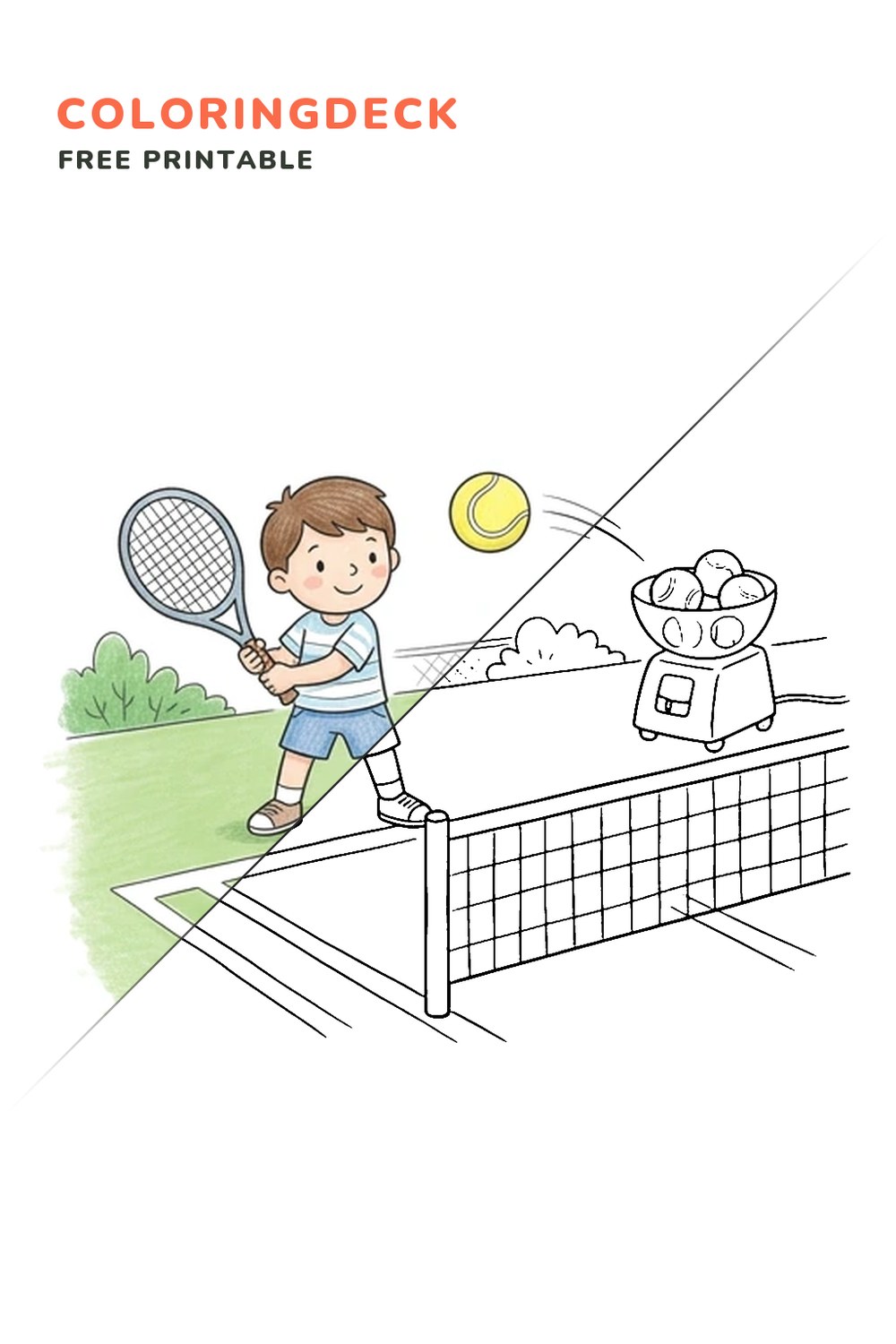 Tennis Ball Machine coloring page, free printable: half colored, half outline
