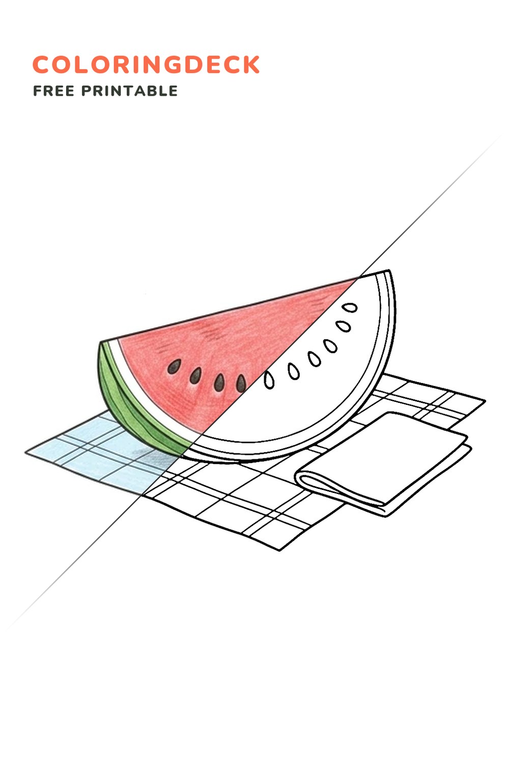Watermelon Slice coloring page, free printable: half colored, half outline