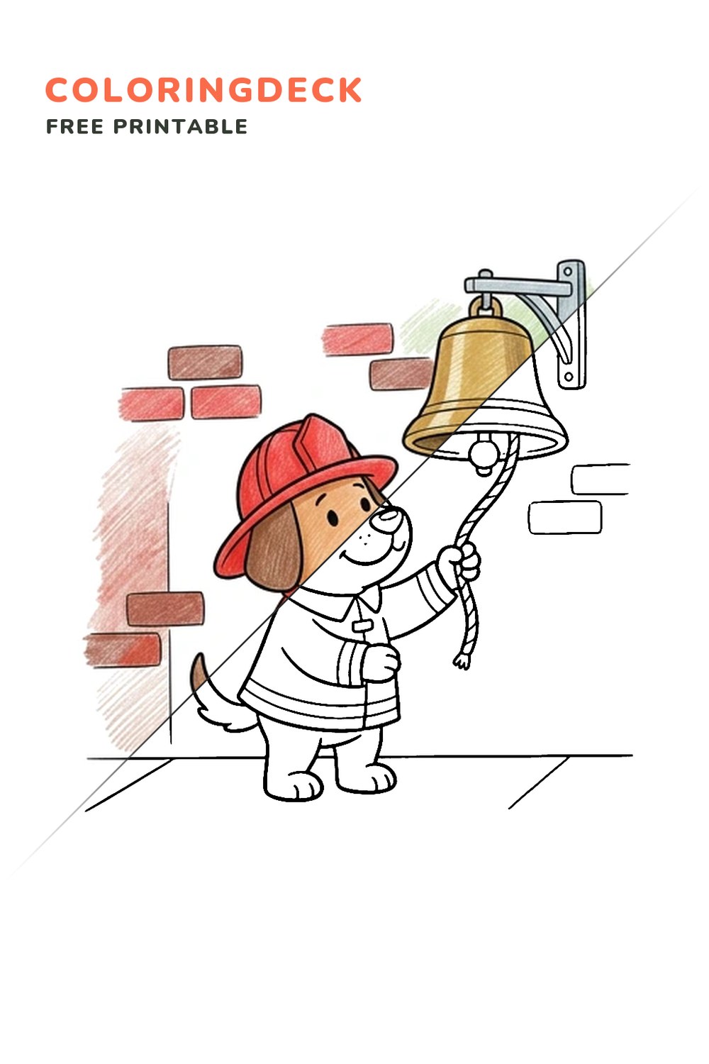Alarm Bell Dog coloring page, free printable: half colored, half outline