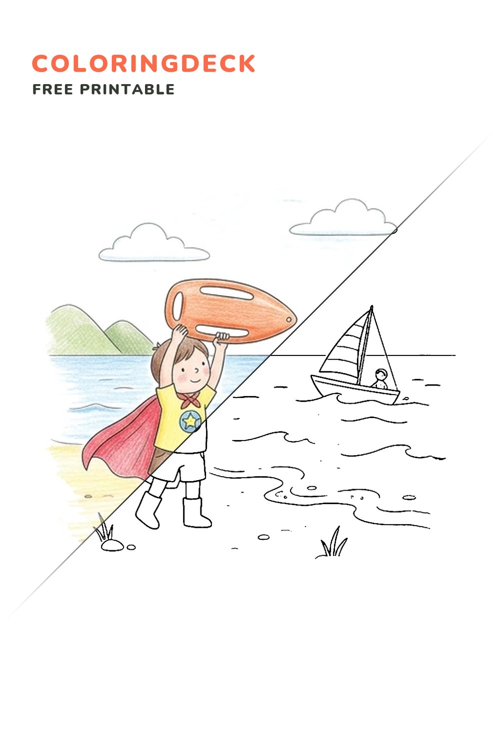 Superhero Lifeguard coloring page, free printable: half colored, half outline