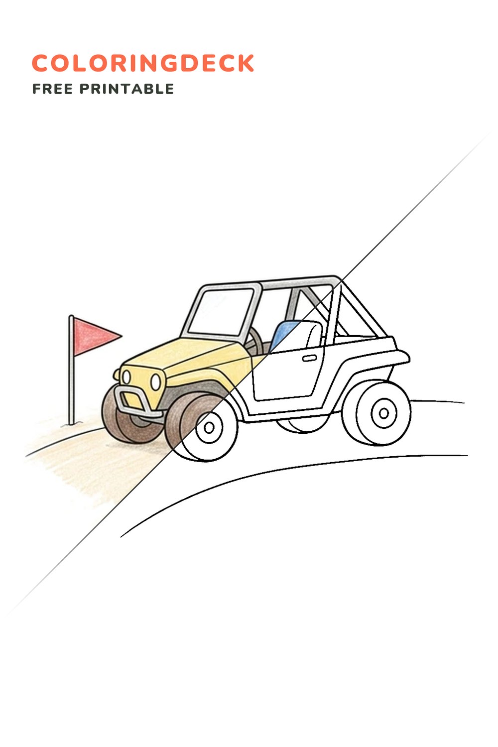 Buggy Beside Flag coloring page, free printable: half colored, half outline