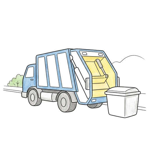 Garbage Truck coloring page: Garbage Truck Stop, colored example