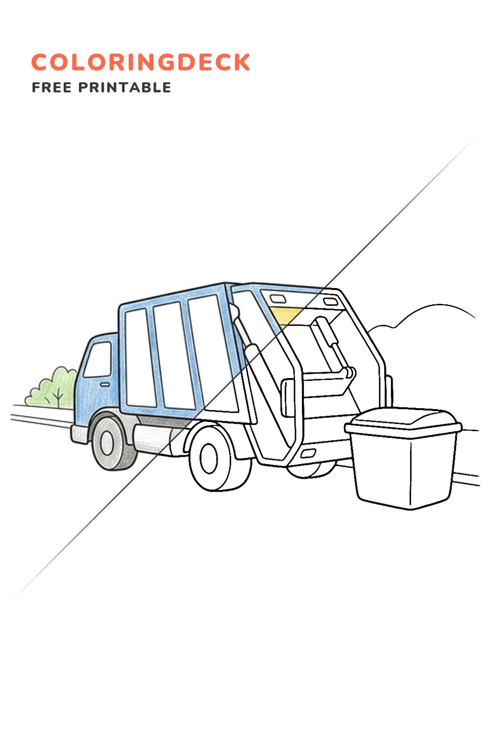 Garbage Truck Stop coloring page, free printable: half colored, half outline