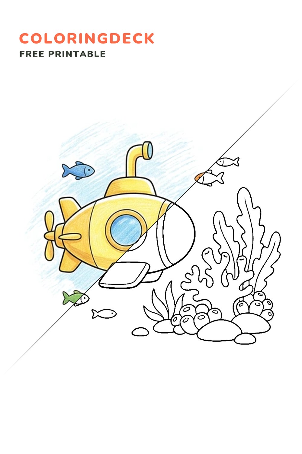 Submarine Coral Survey coloring page, free printable: half colored, half outline