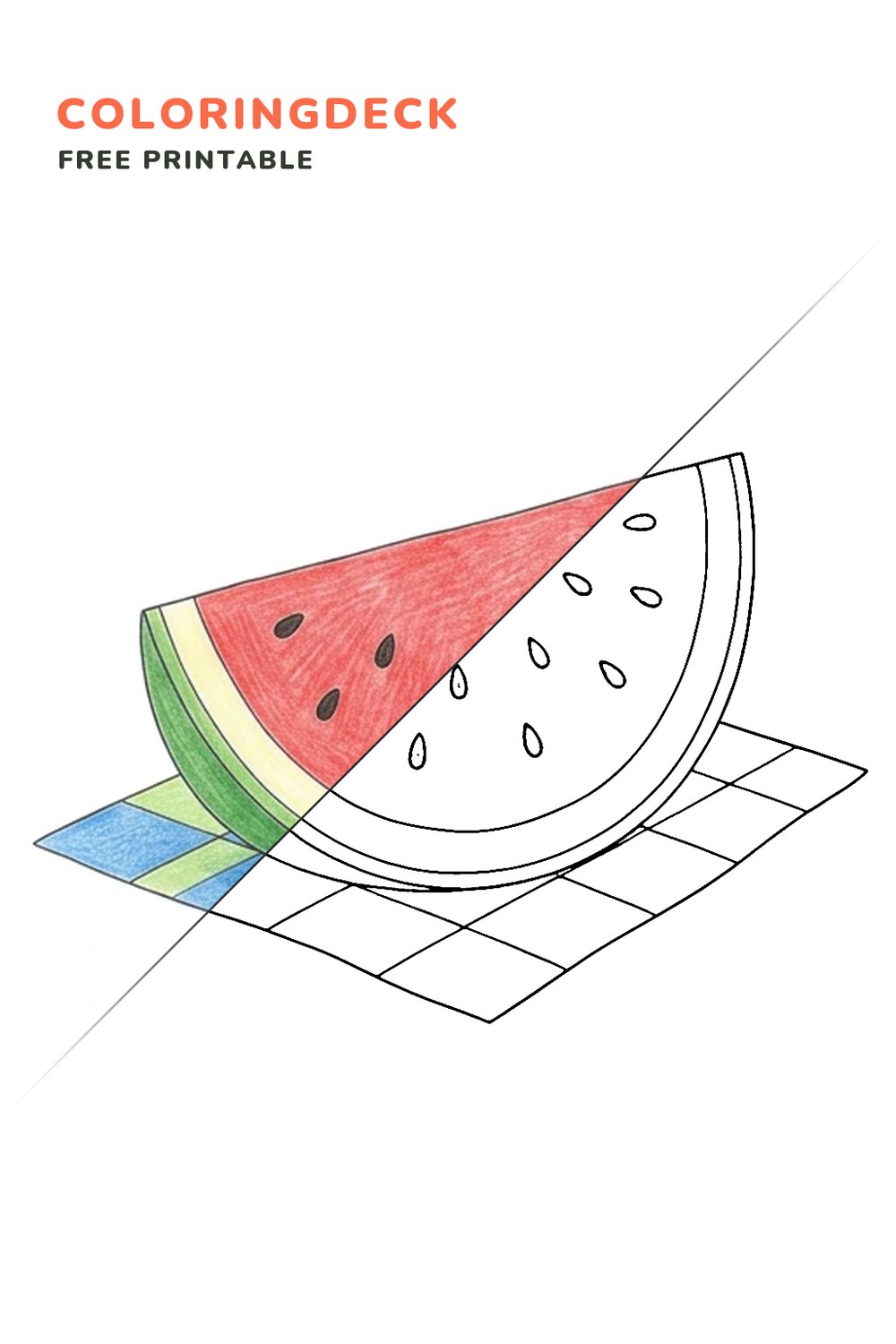 Watermelon Picnic Slice coloring page, free printable: half colored, half outline