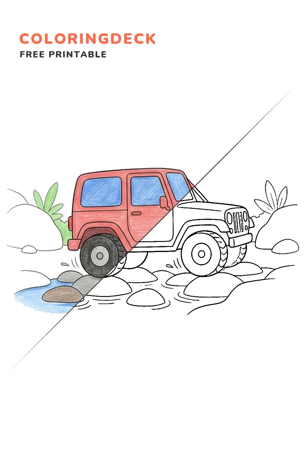 Jeep Creek Crossing coloring page, free printable: half colored, half outline