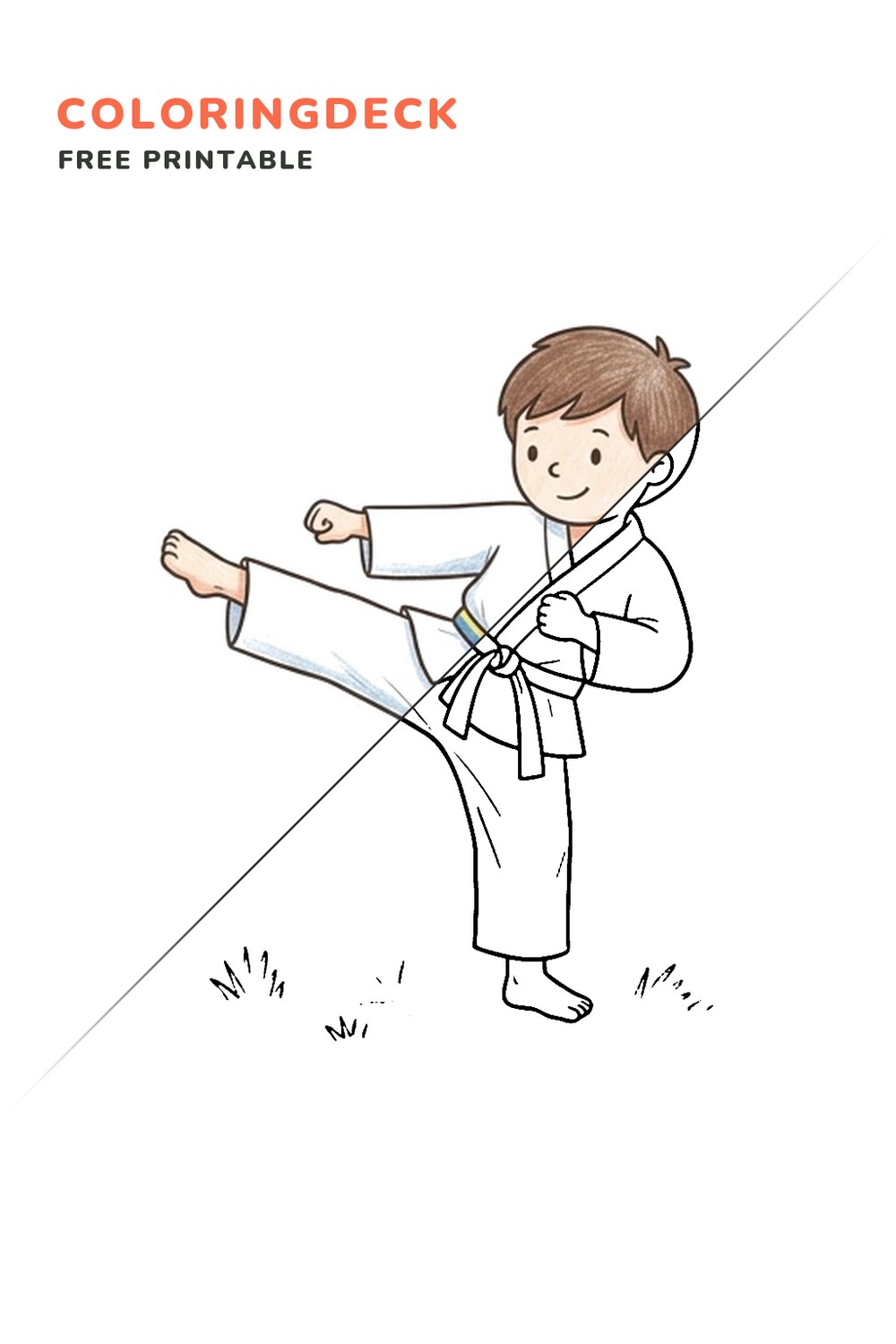 Karate Front Kick coloring page, free printable: half colored, half outline