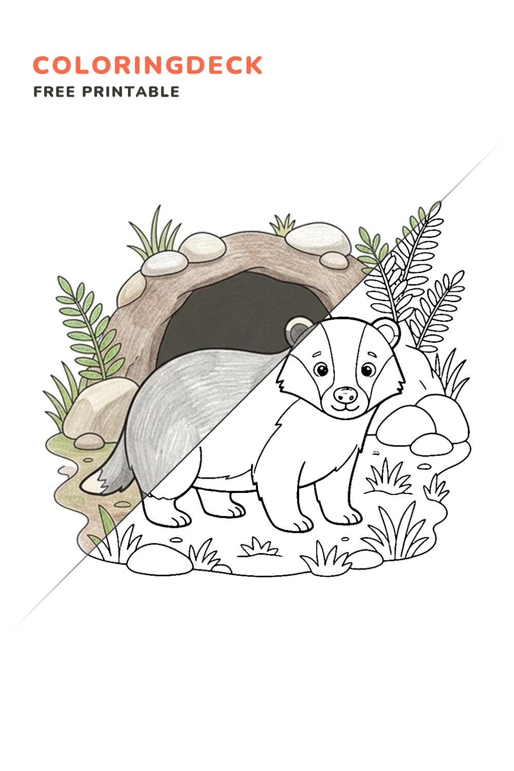 Badger Burrow Visit coloring page, free printable: half colored, half outline