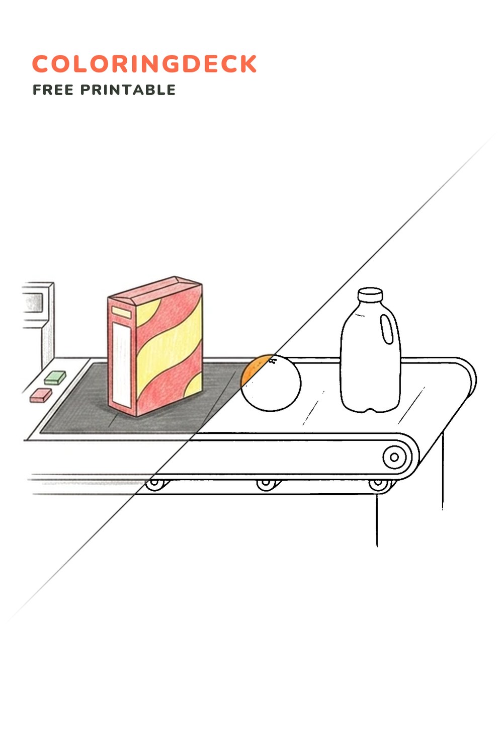 Checkout Conveyor coloring page, free printable: half colored, half outline