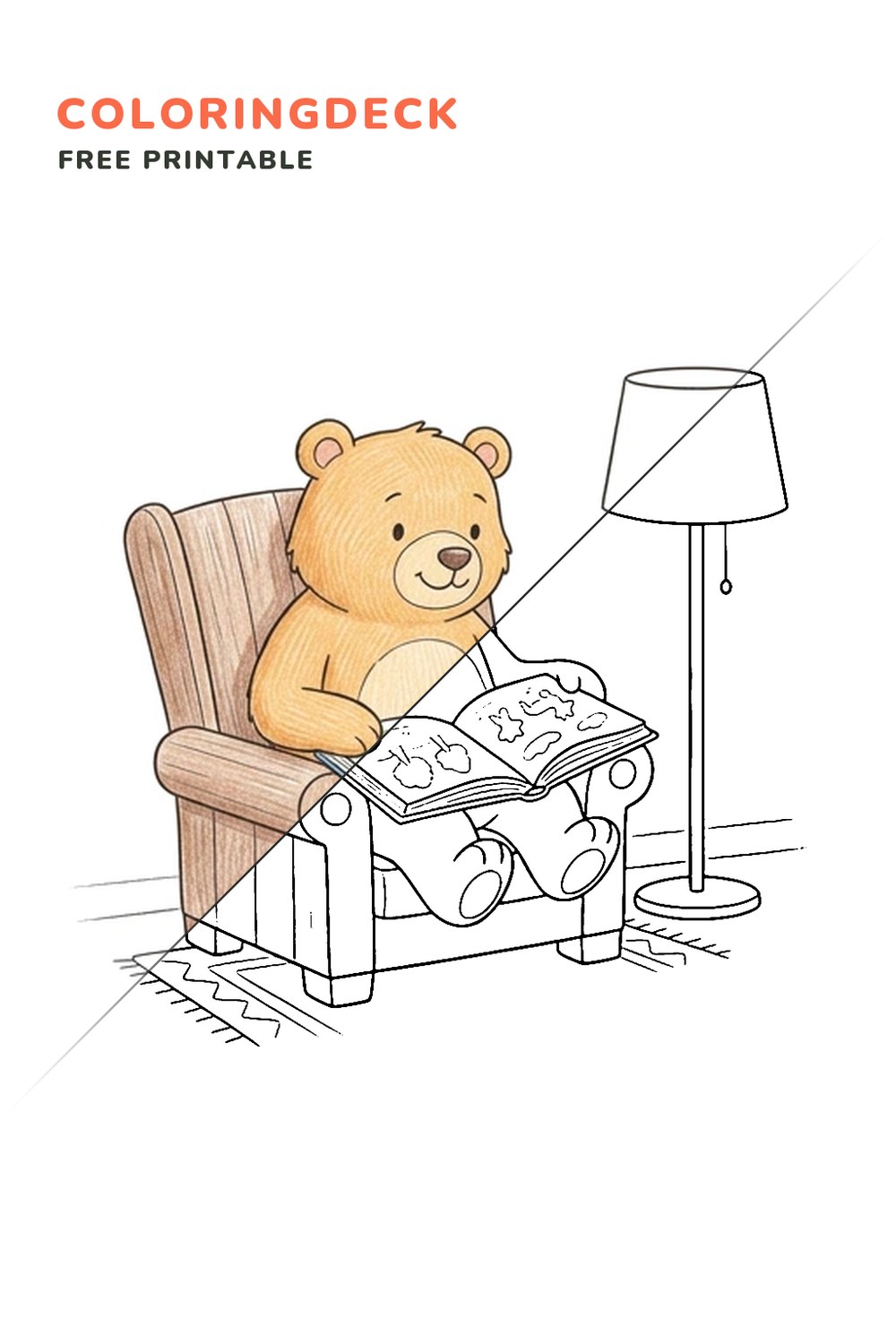 Bear Storybook Chair coloring page, free printable: half colored, half outline