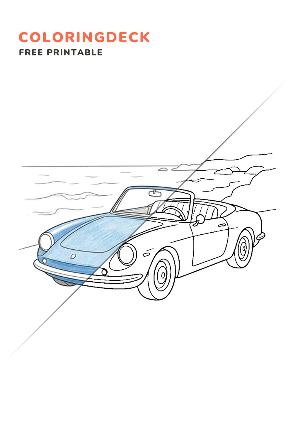 Blue Coastal Roadster coloring page, free printable: half colored, half outline