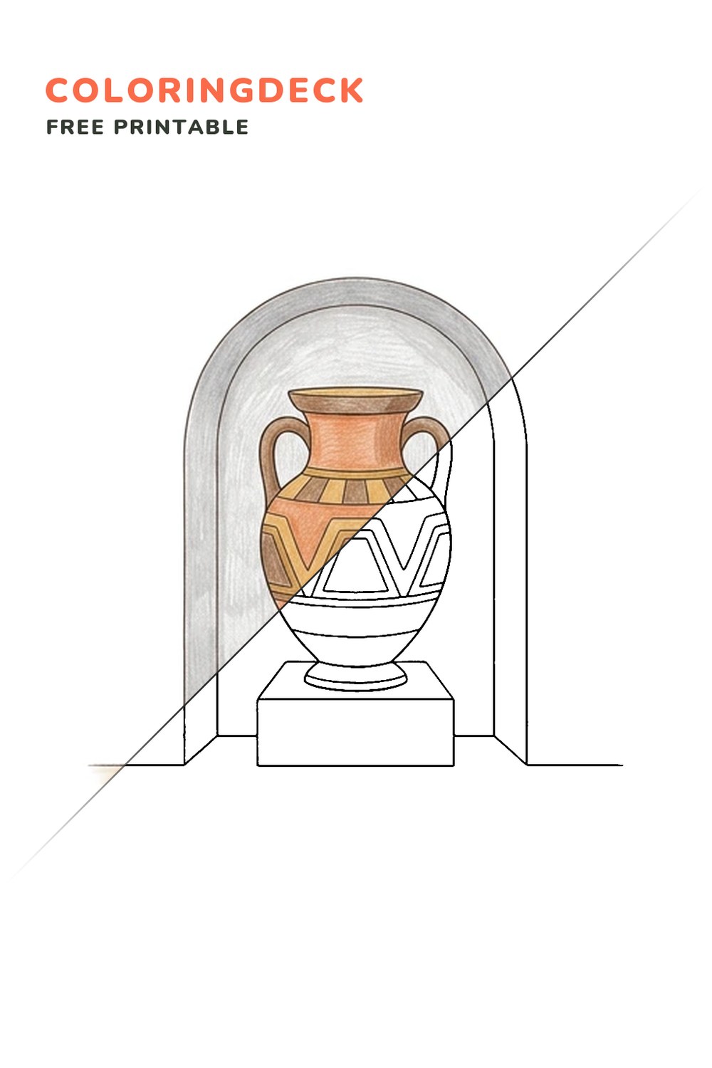 Ancient Vase Display coloring page, free printable: half colored, half outline