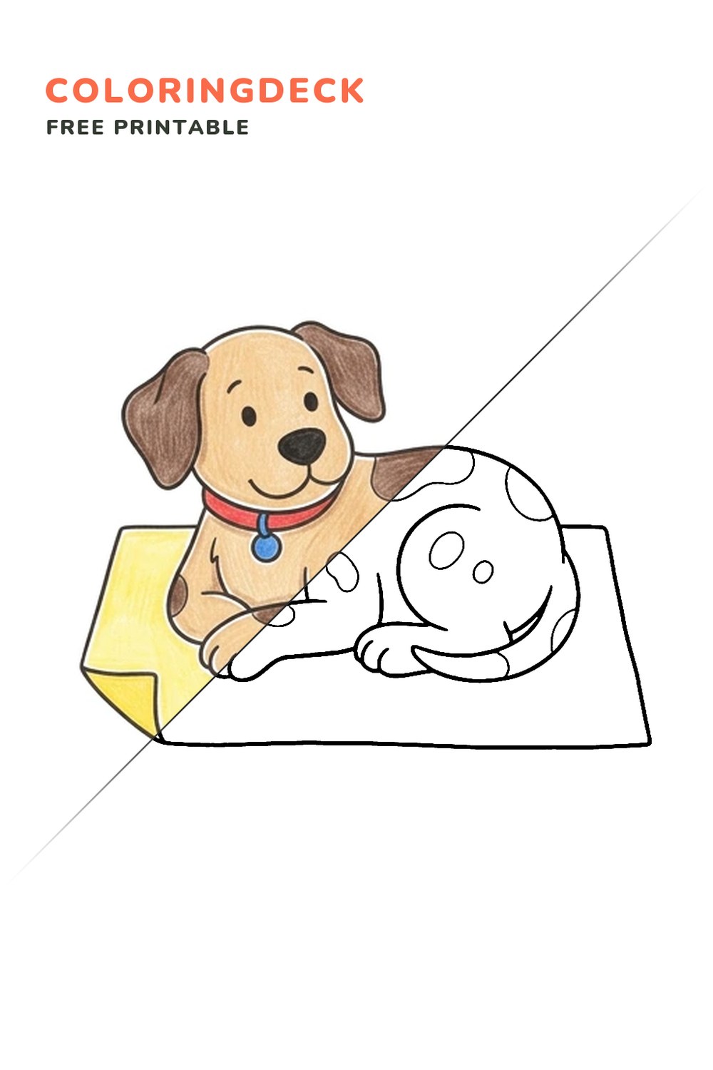 Puppy On Blanket coloring page, free printable: half colored, half outline