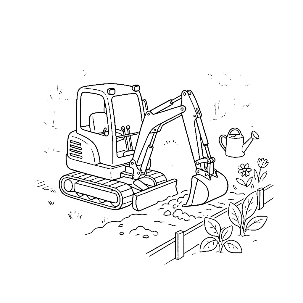 Mini Excavator Garden coloring page outline