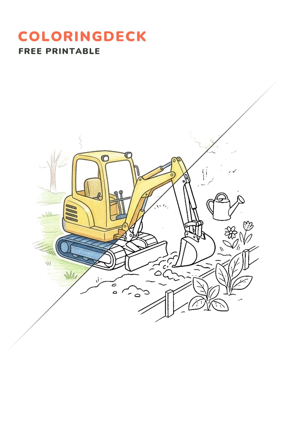 Mini Excavator Garden coloring page, free printable: half colored, half outline