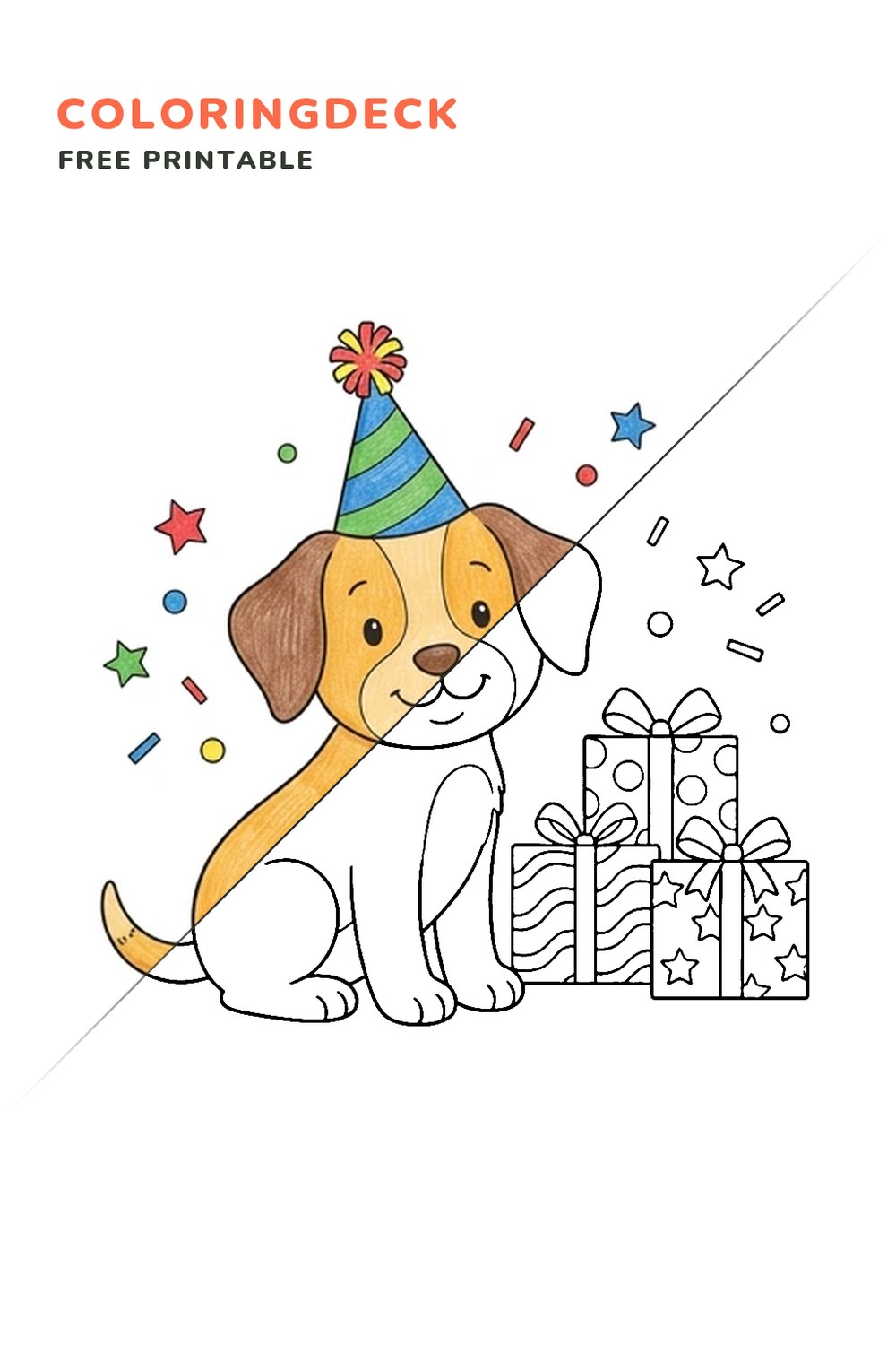 Birthday Puppy coloring page, free printable: half colored, half outline