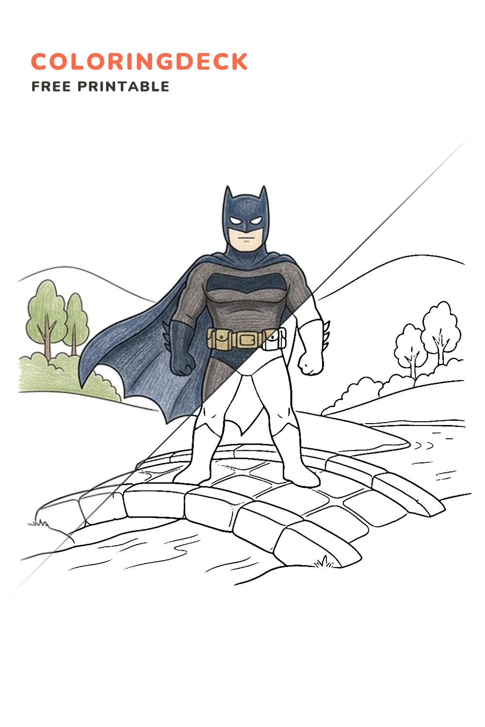 Cape Over Bridge coloring page, free printable: half colored, half outline