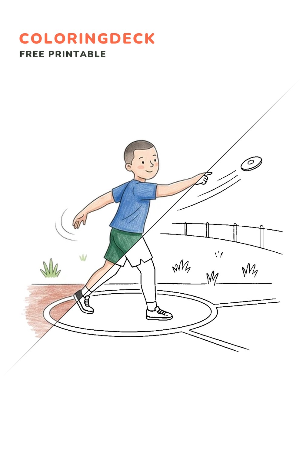 Discus Throw Moment coloring page, free printable: half colored, half outline