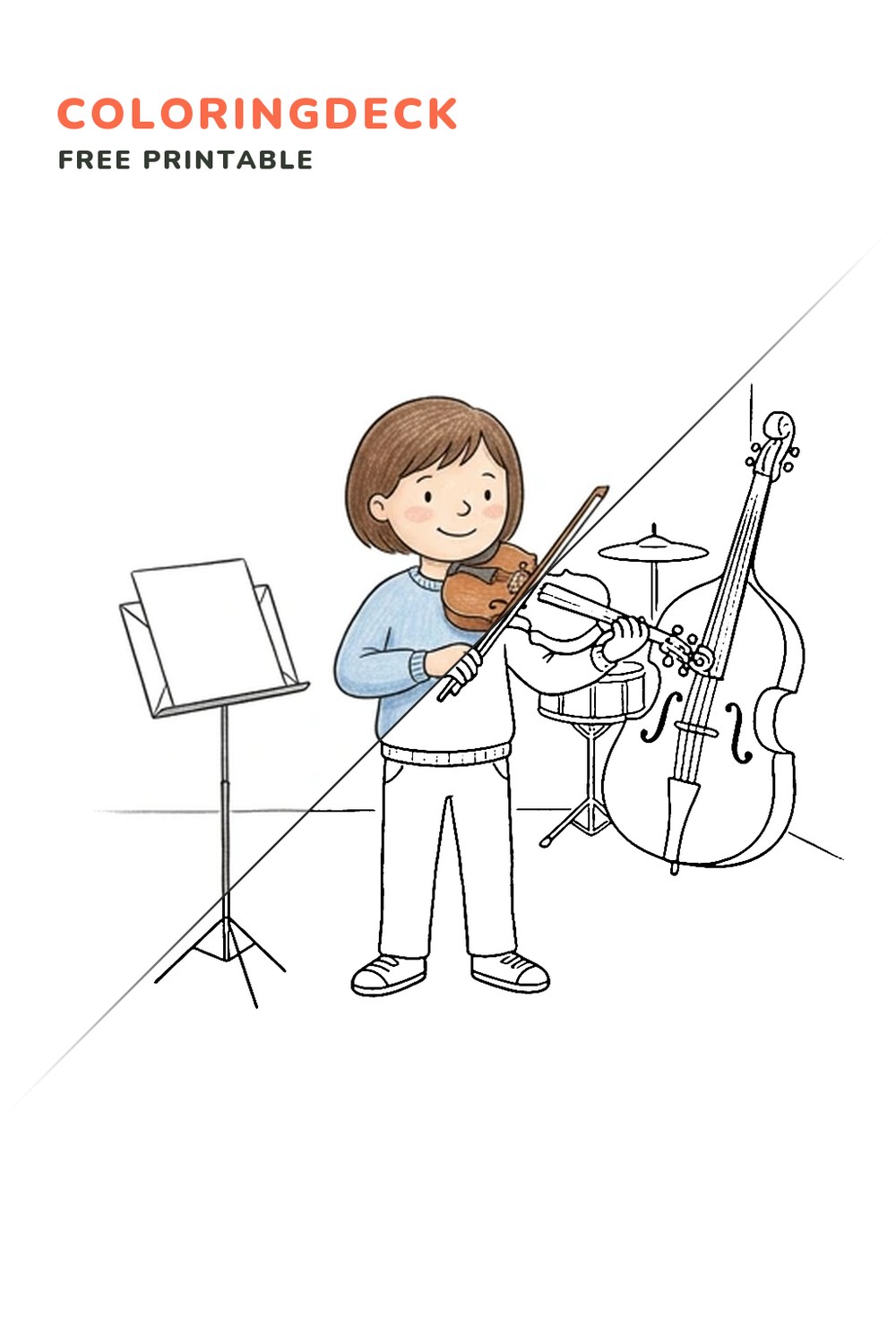 Music Class Violin coloring page, free printable: half colored, half outline