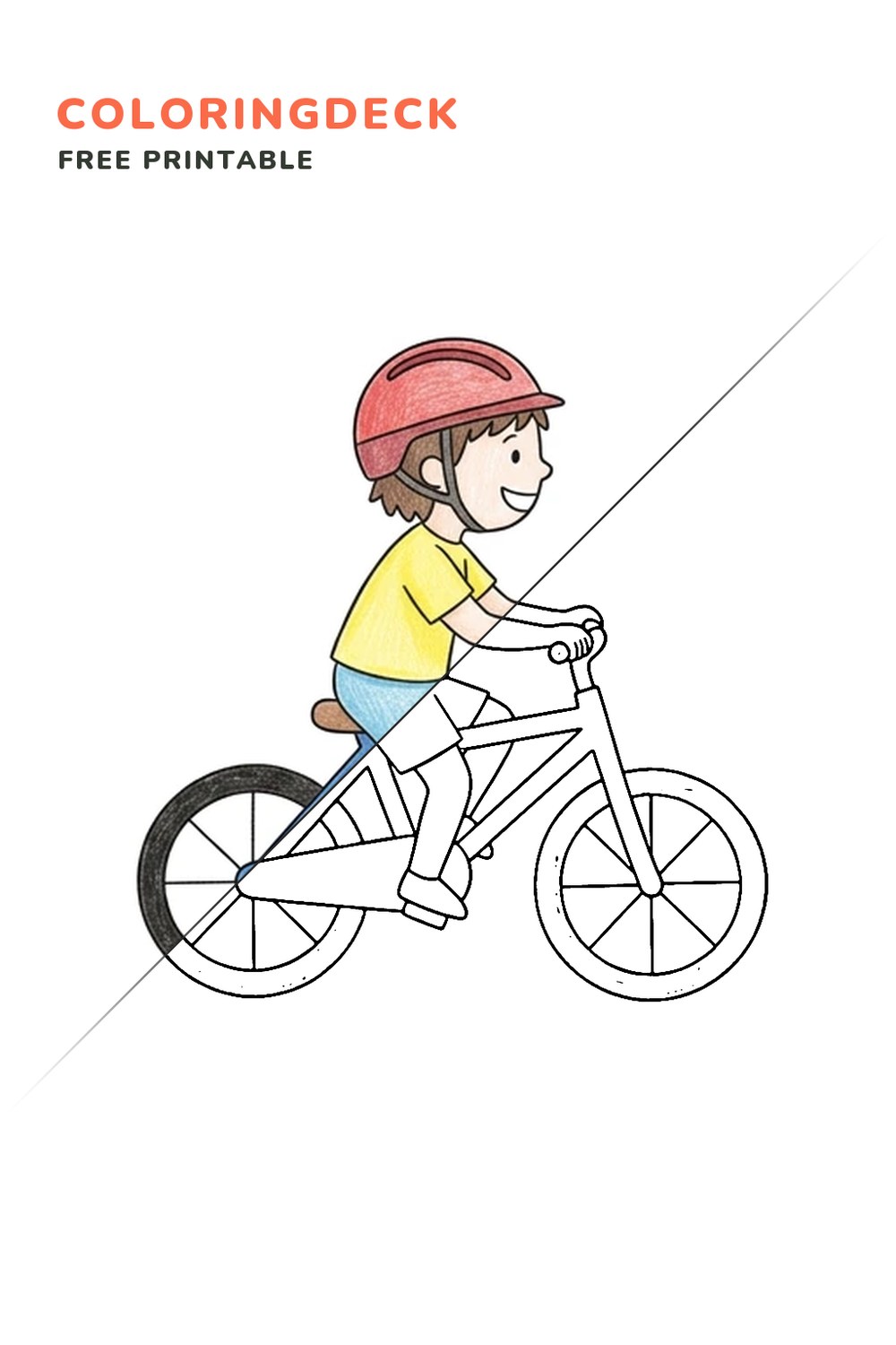 Child Cyclist coloring page, free printable: half colored, half outline