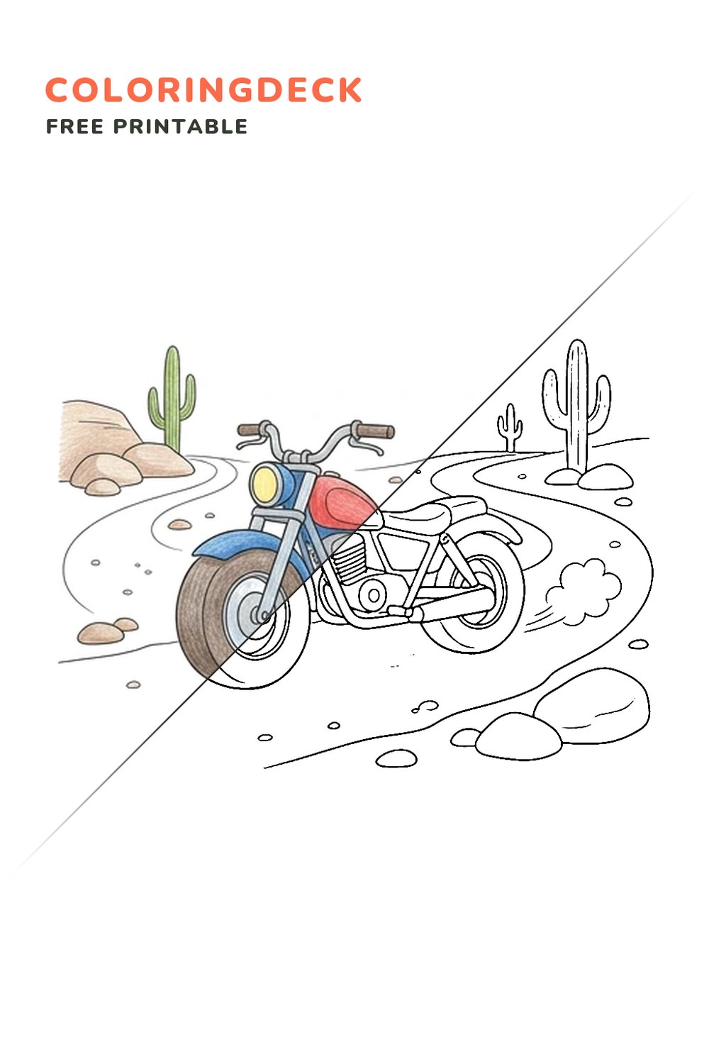 Motorcycle Desert Trail coloring page, free printable: half colored, half outline