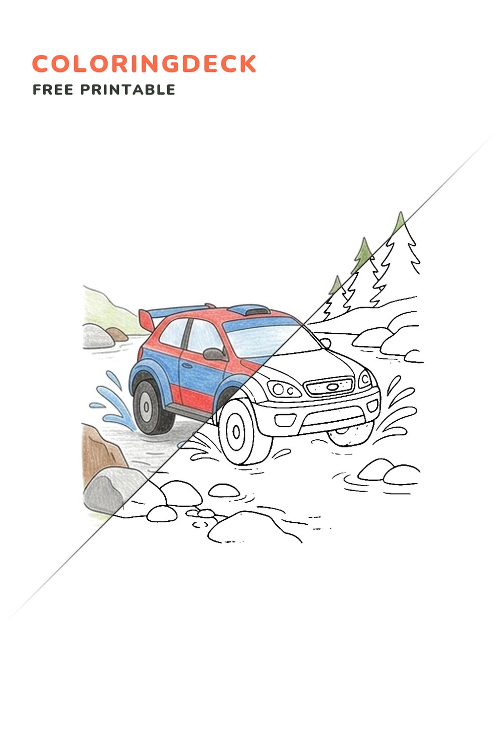 Rally Stream Crossing coloring page, free printable: half colored, half outline