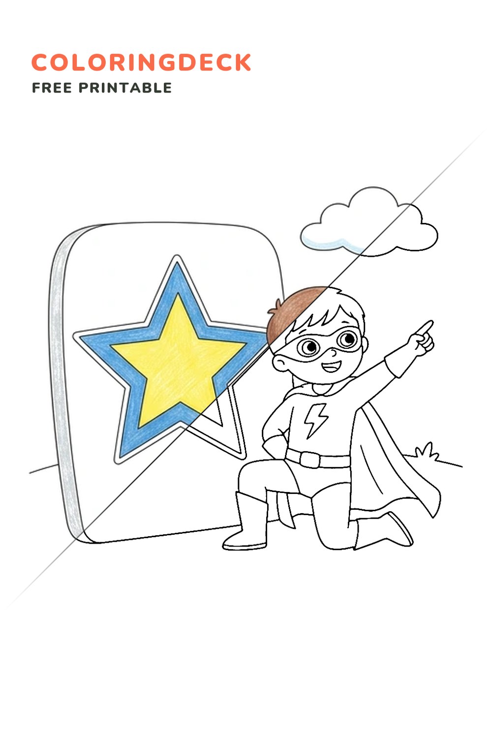 Hero Rescue Pose coloring page, free printable: half colored, half outline