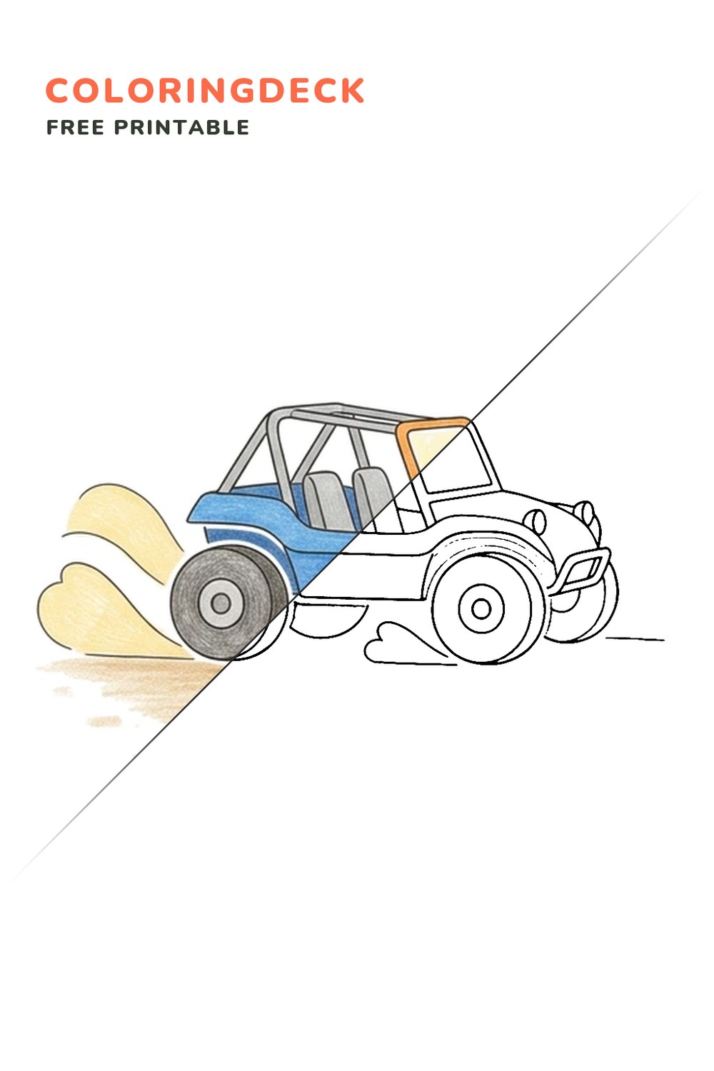 Buggy Sand Splash coloring page, free printable: half colored, half outline