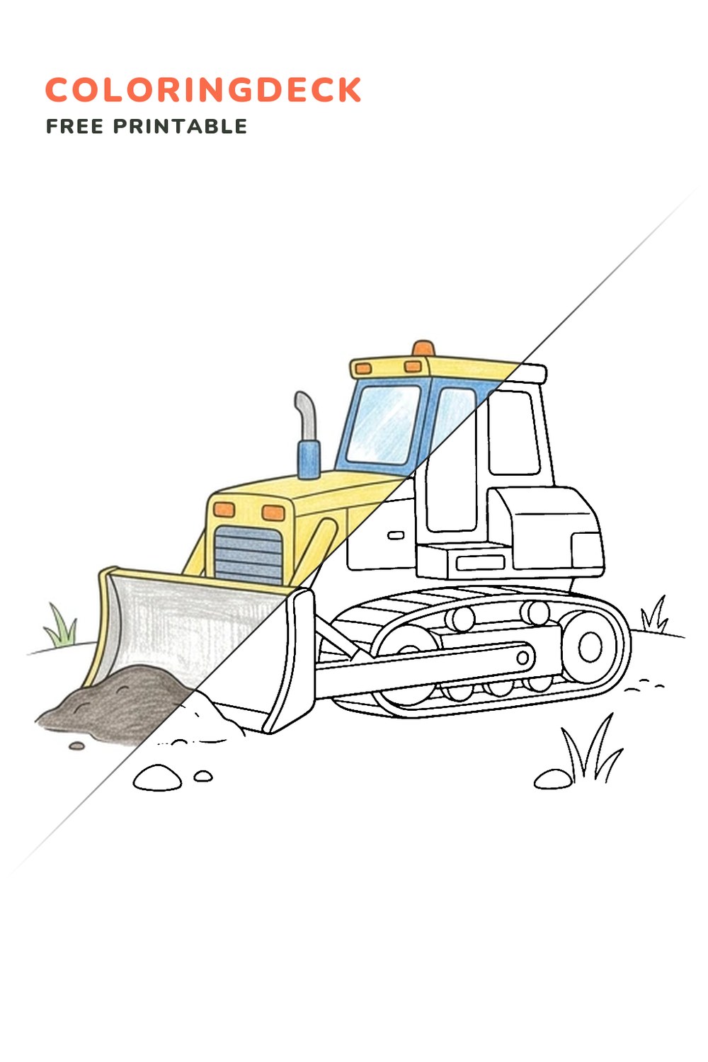 Simple Bulldozer Push coloring page, free printable: half colored, half outline