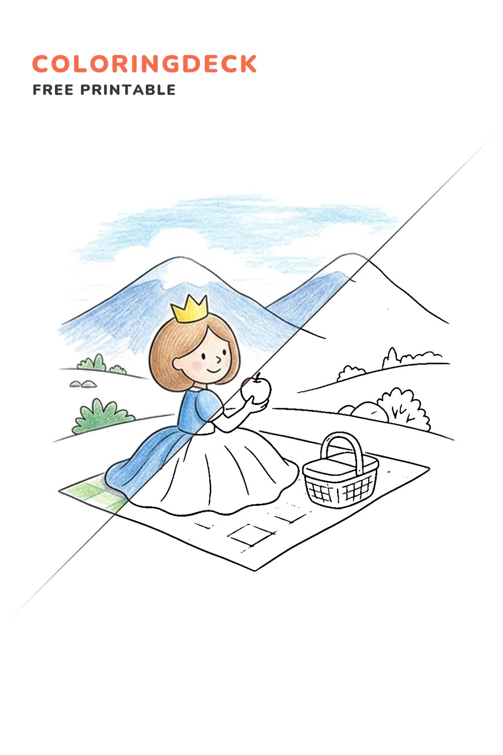 Princess Mountain Picnic coloring page, free printable: half colored, half outline