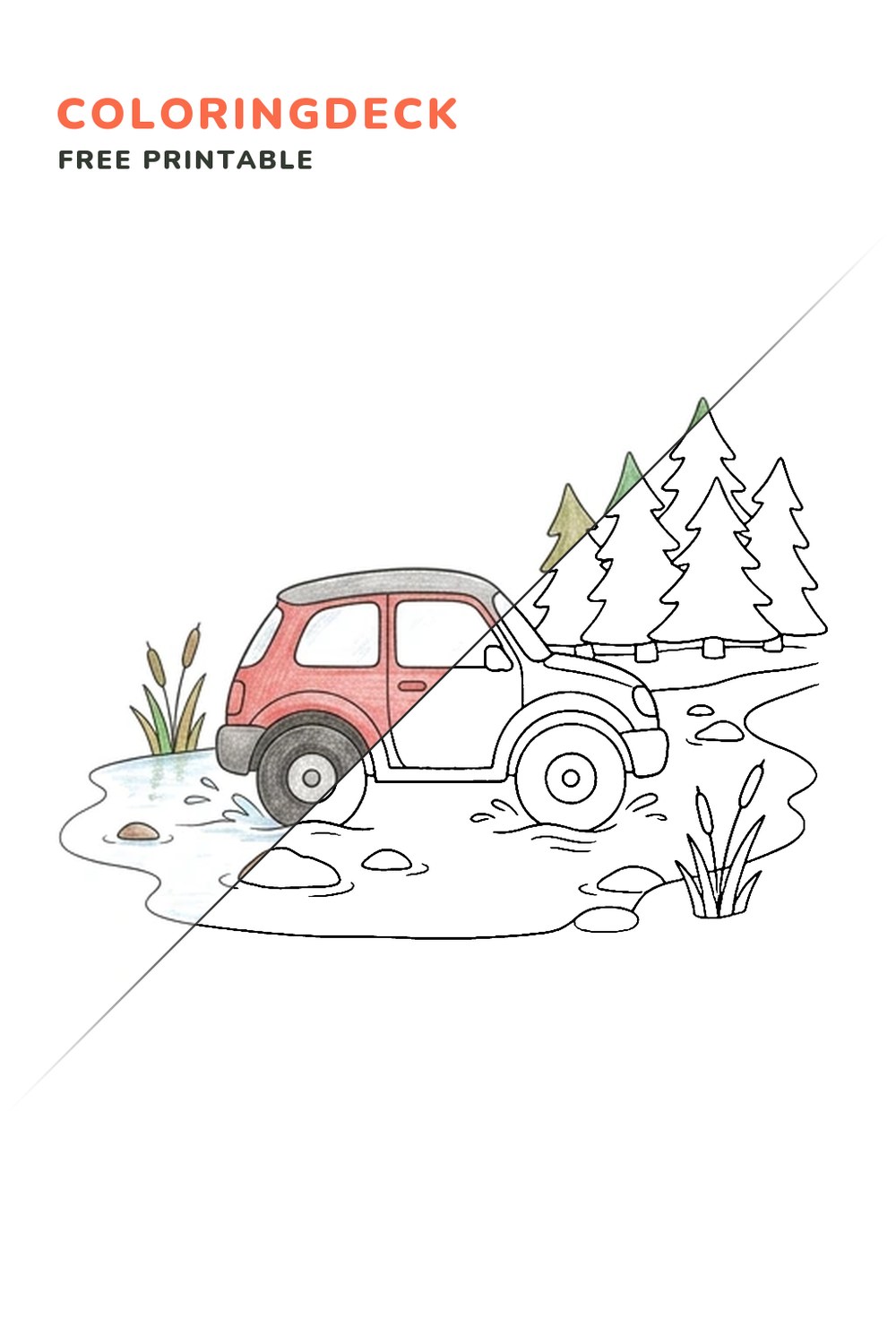 Forest Stream Rally coloring page, free printable: half colored, half outline