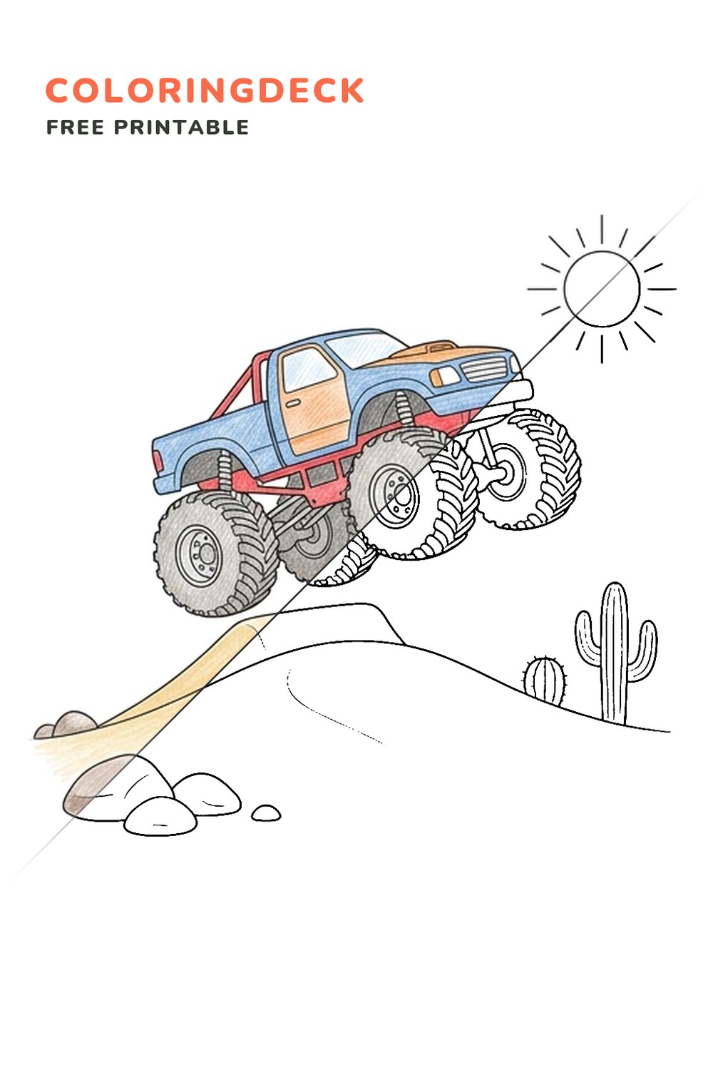 Monster Truck Dune Jump coloring page, free printable: half colored, half outline