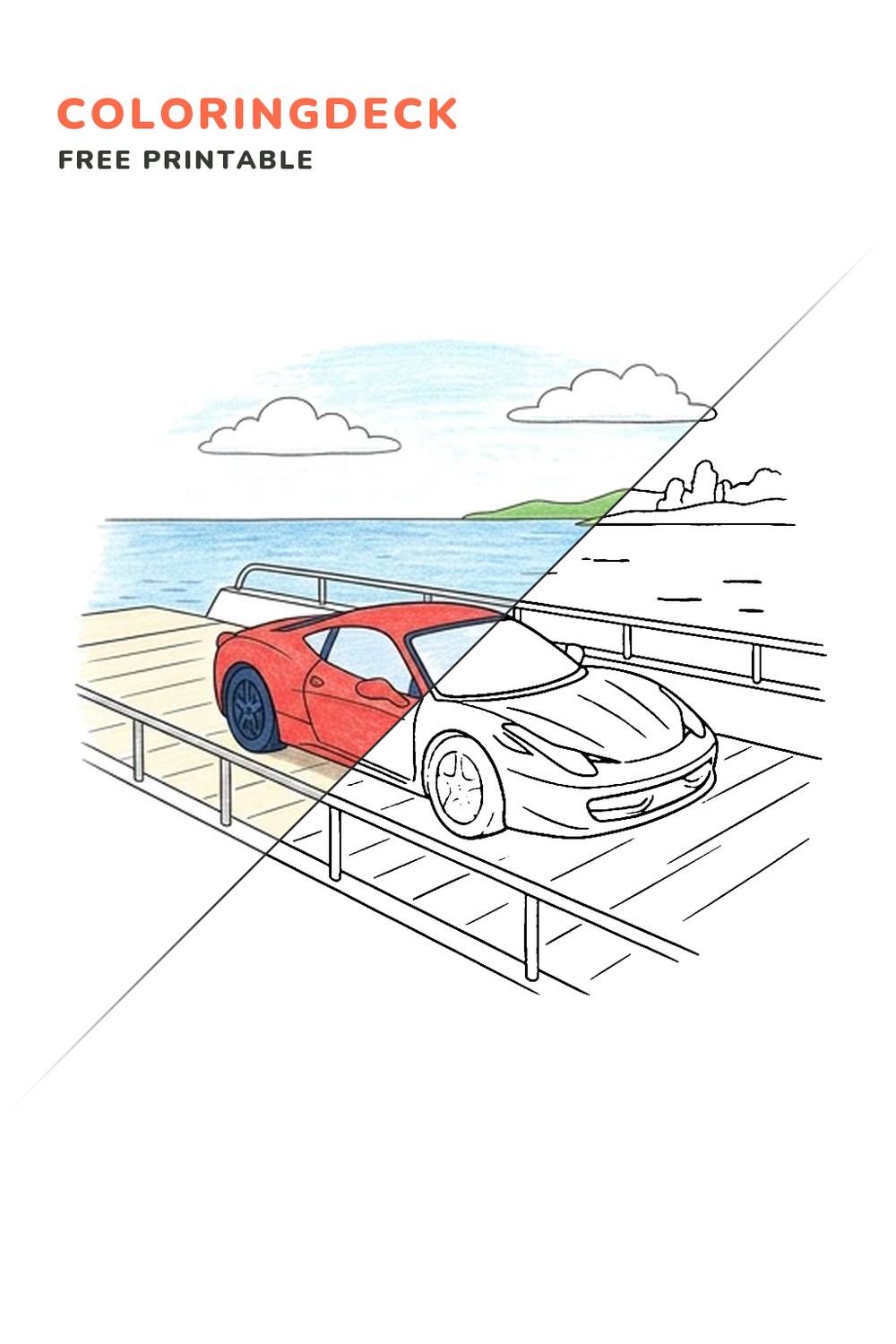 Ferrari Ferry Deck coloring page, free printable: half colored, half outline