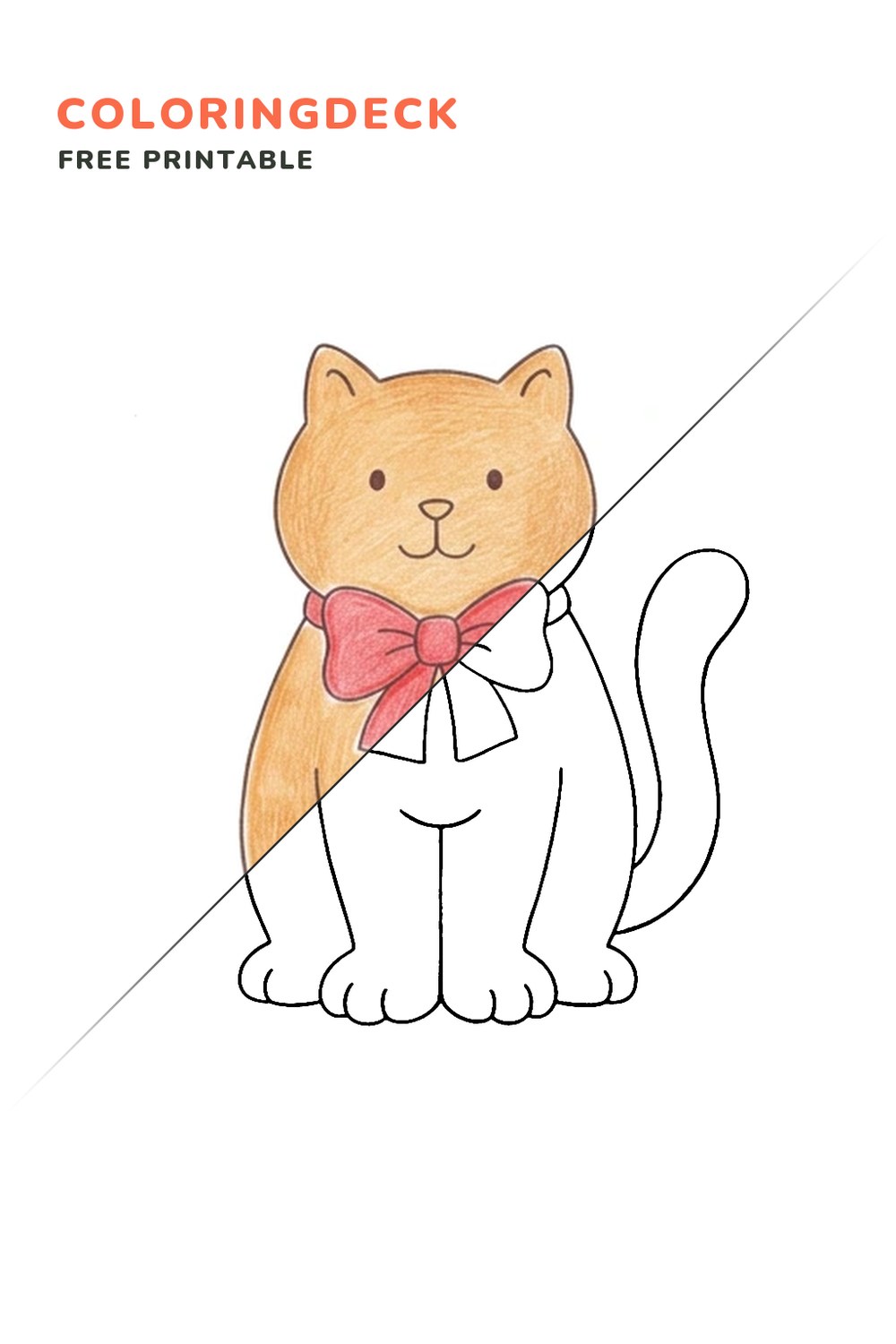 Cat With Bow coloring page, free printable: half colored, half outline