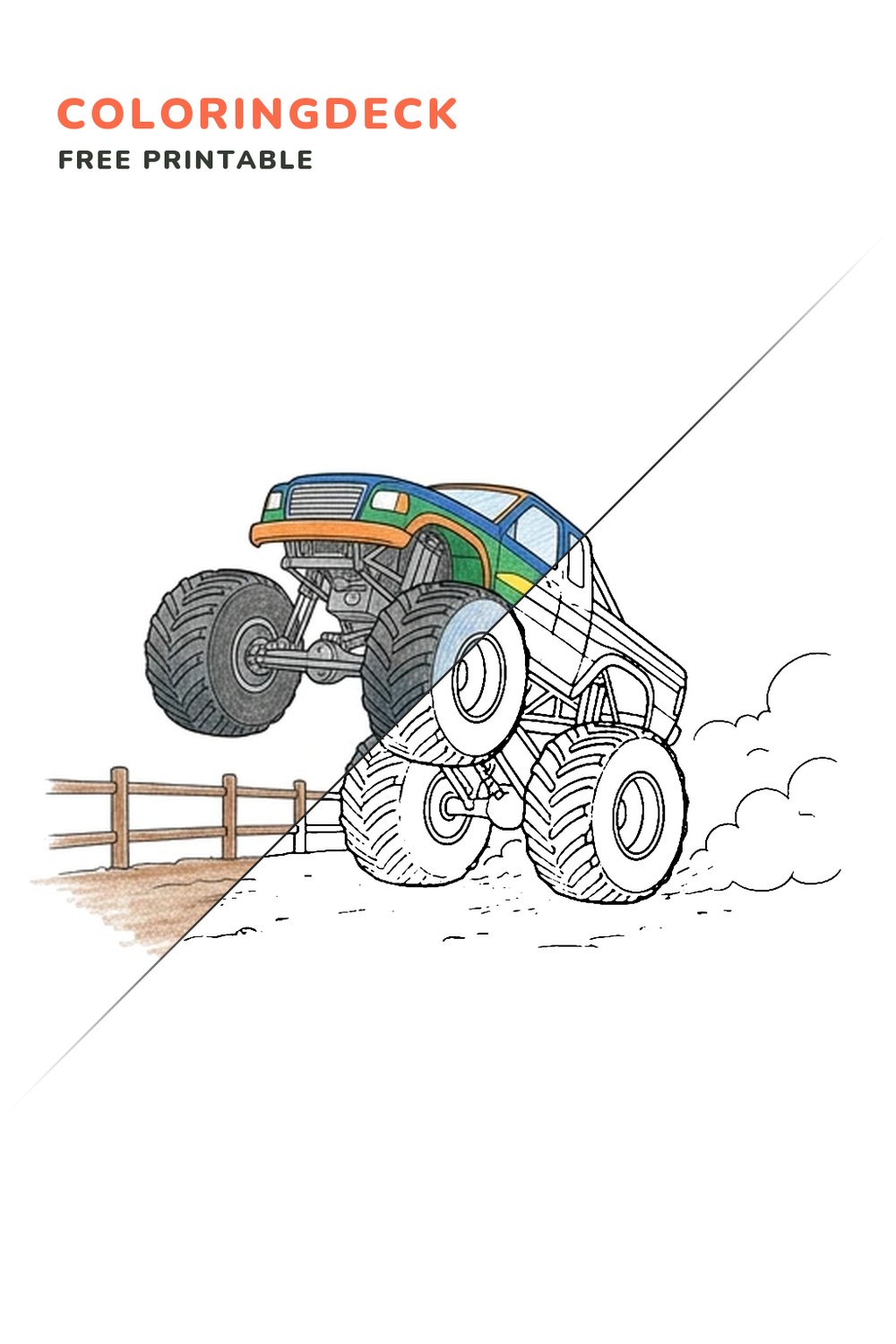 Monster Truck Wheelie coloring page, free printable: half colored, half outline