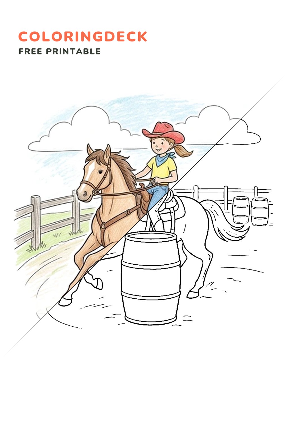 Barrel Racing Turn coloring page, free printable: half colored, half outline