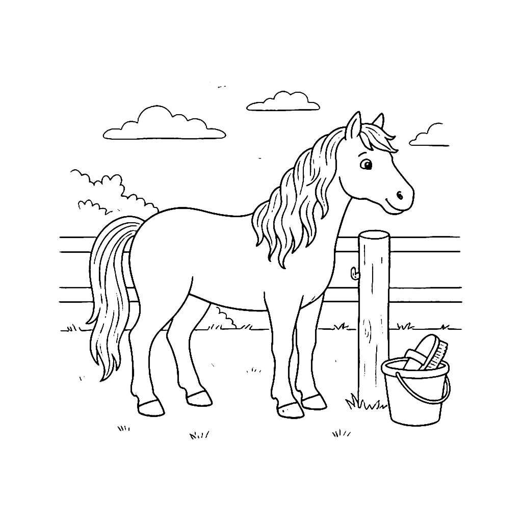 Horse coloring page: Horse Grooming Day, outline to print